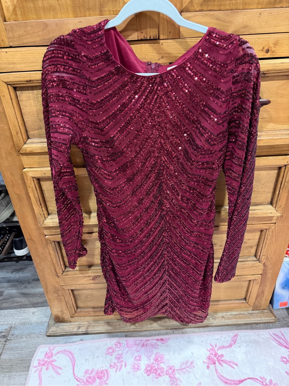 Long Sleeve Burgundy Sequin Cocktail Dress